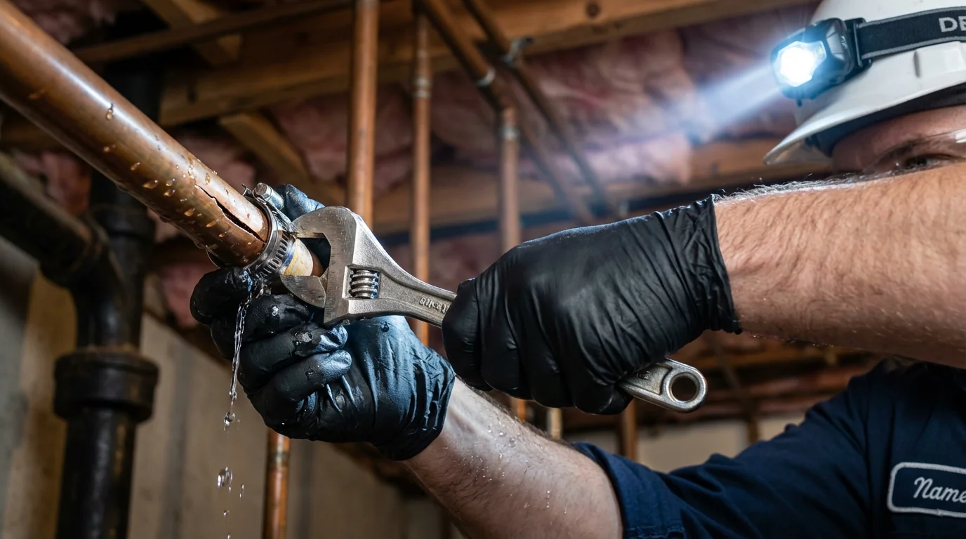 Emergency pipe clamp repair being performed by a Johns Plumbing LLC plumber in Duquesne