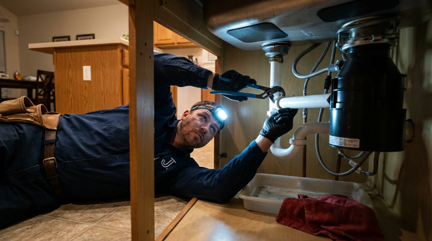 P-trap and supply line connections under a kitchen sink showing a common leak point in Duquesne, PA